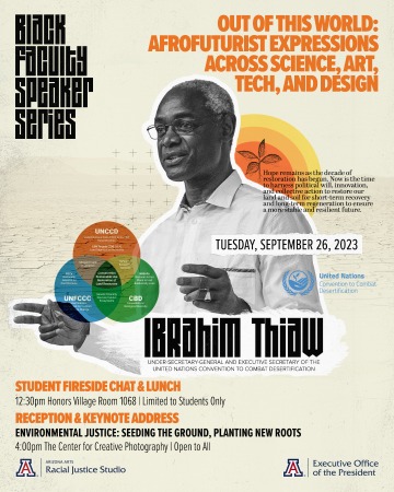 Black Faculty Speaker Series Poster image of guest speaker Mr. Ibrahim Thiaw on a yellow backgroun